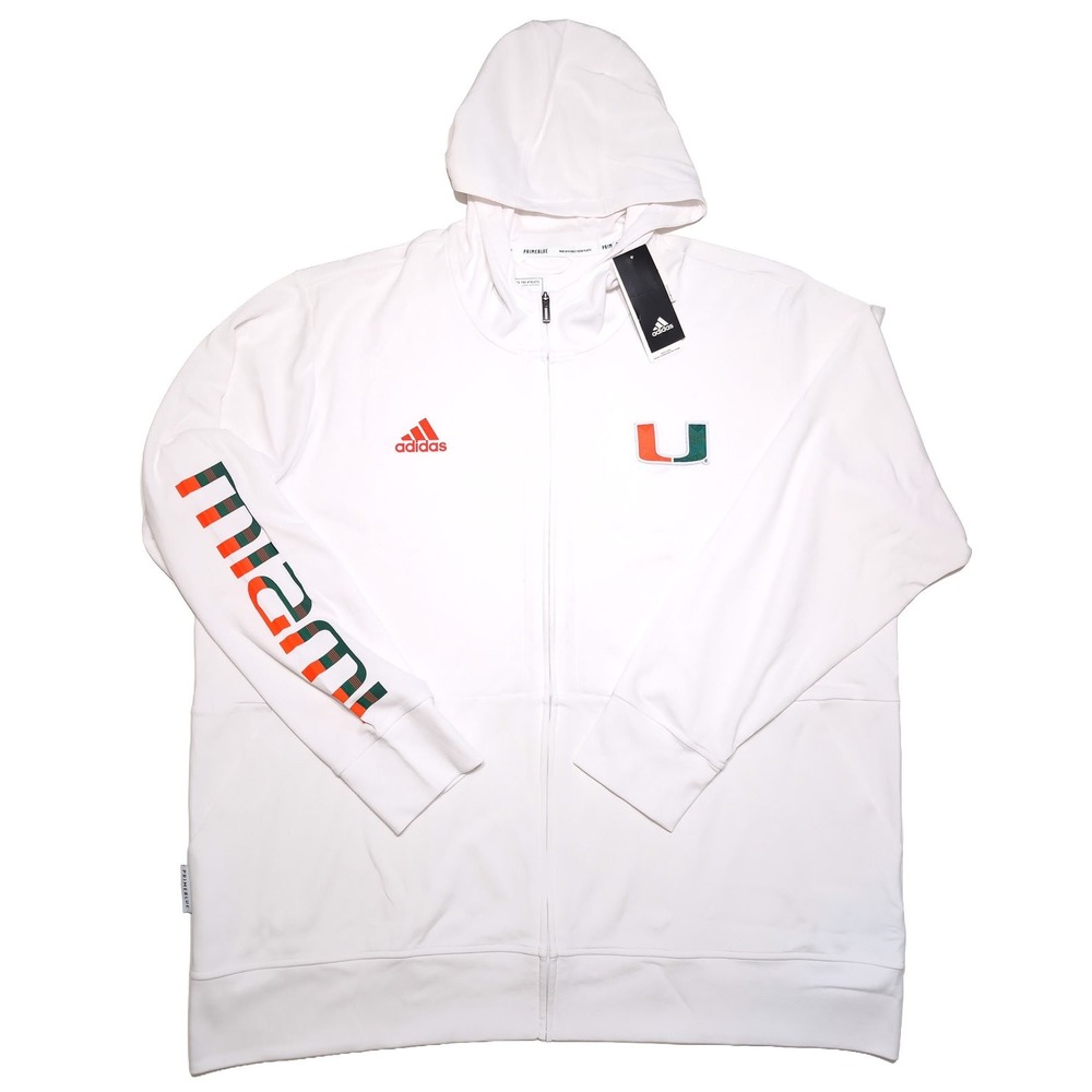 ADIDAS Miami Hurricanes Full Zip Hoodie Mens 3XL White NEW Primeblue Jacket